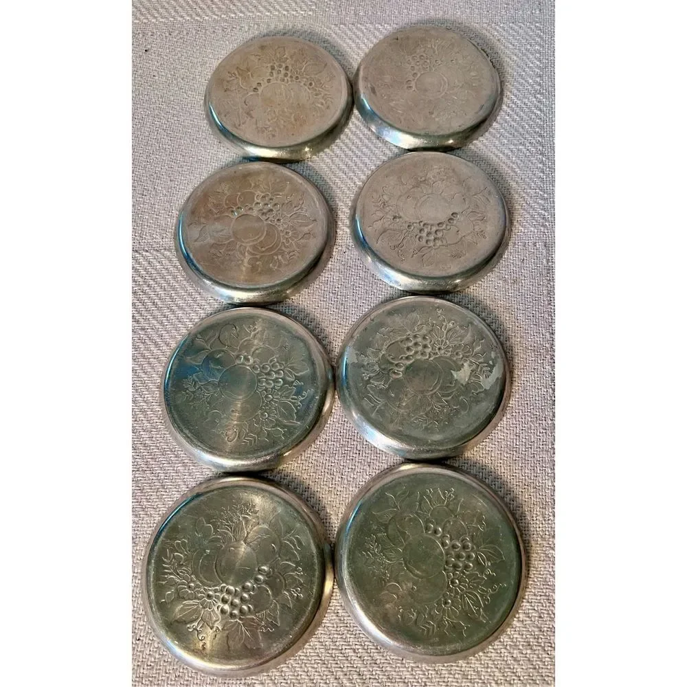 8 Vintage Metal Aluminum Forged Coasters Fruit Flower Pattern Scallop Edge Retro